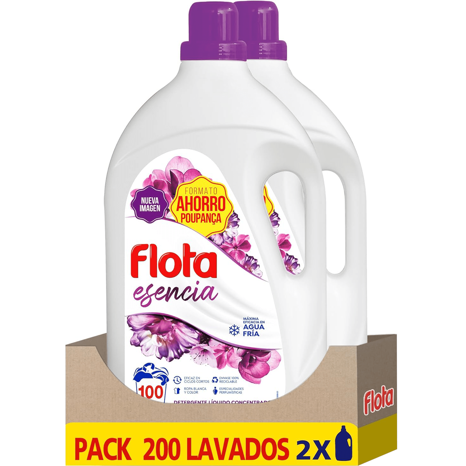 FLOTA Detergente Líquido Quitamanchas incluso en Agua Fría para Lavadora, Para Ropa Blanca y de Color, Fragancia Esencia, 2x100 Lavados, Formato Familiar
