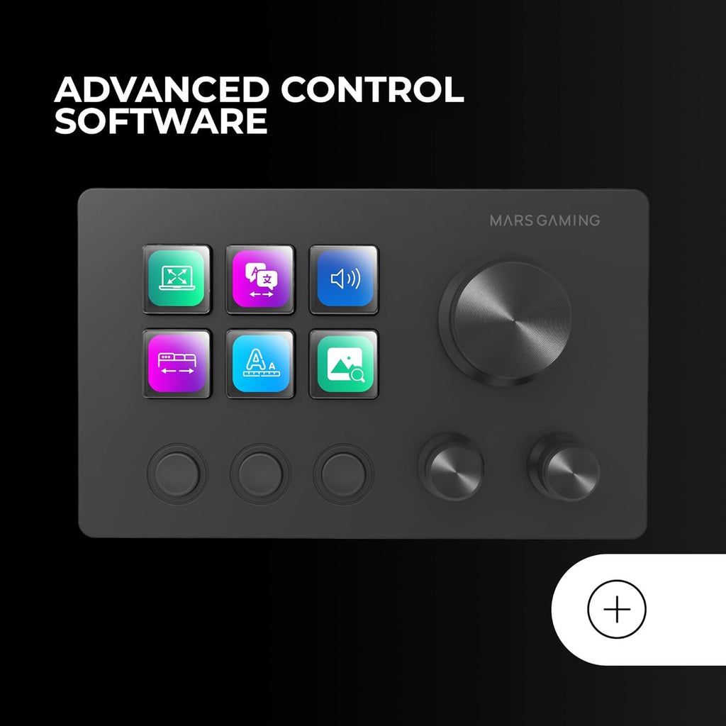 Mars Gaming MSD-TWO, Control Deck Compacto, 6 Teclas LCD Personalizables + 3 Botones, 3 Ruedas Multifuncionales, Control Deck Slim Ergonómico, Software de Control y Plug-ins, Windows y MacOS, Negro