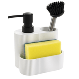 Dispensador Jabón Cocina, Dispensador de Lavado de Manos con Recipiente Rellenable y 2 Espacios Extra, Espacio Para Esponja, Estropajo y Utensilios de Limpieza, Ideal para Cocina y Baño, 13.3 x 9.7 x 15.7cm