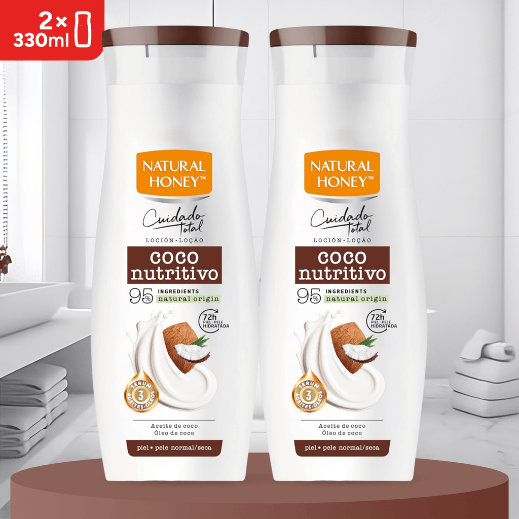 Natural Honey, Loción Corporal Coco Nutritiva para Pieles Secas, 72H de Nutrición Intensa, Fórmula con Aceite de Coco Orgánico y Sérum de Aceites Naturales, Piel Exóticamente Suave, Línea Cuidado Total, 330 ml