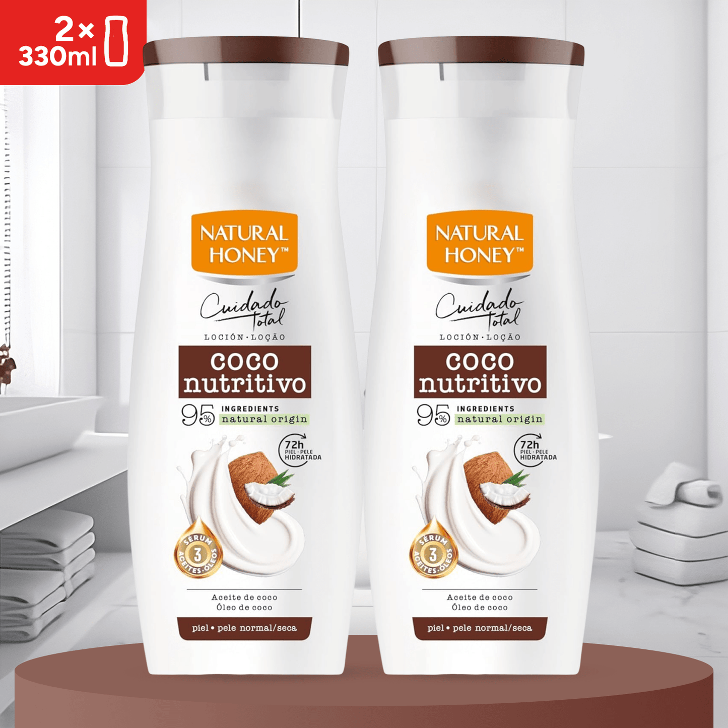 Natural Honey, Loción Corporal Coco Nutritiva para Pieles Secas, 72H de Nutrición Intensa, Fórmula con Aceite de Coco Orgánico y Sérum de Aceites Naturales, Piel Exóticamente Suave, Línea Cuidado Total, 330 ml