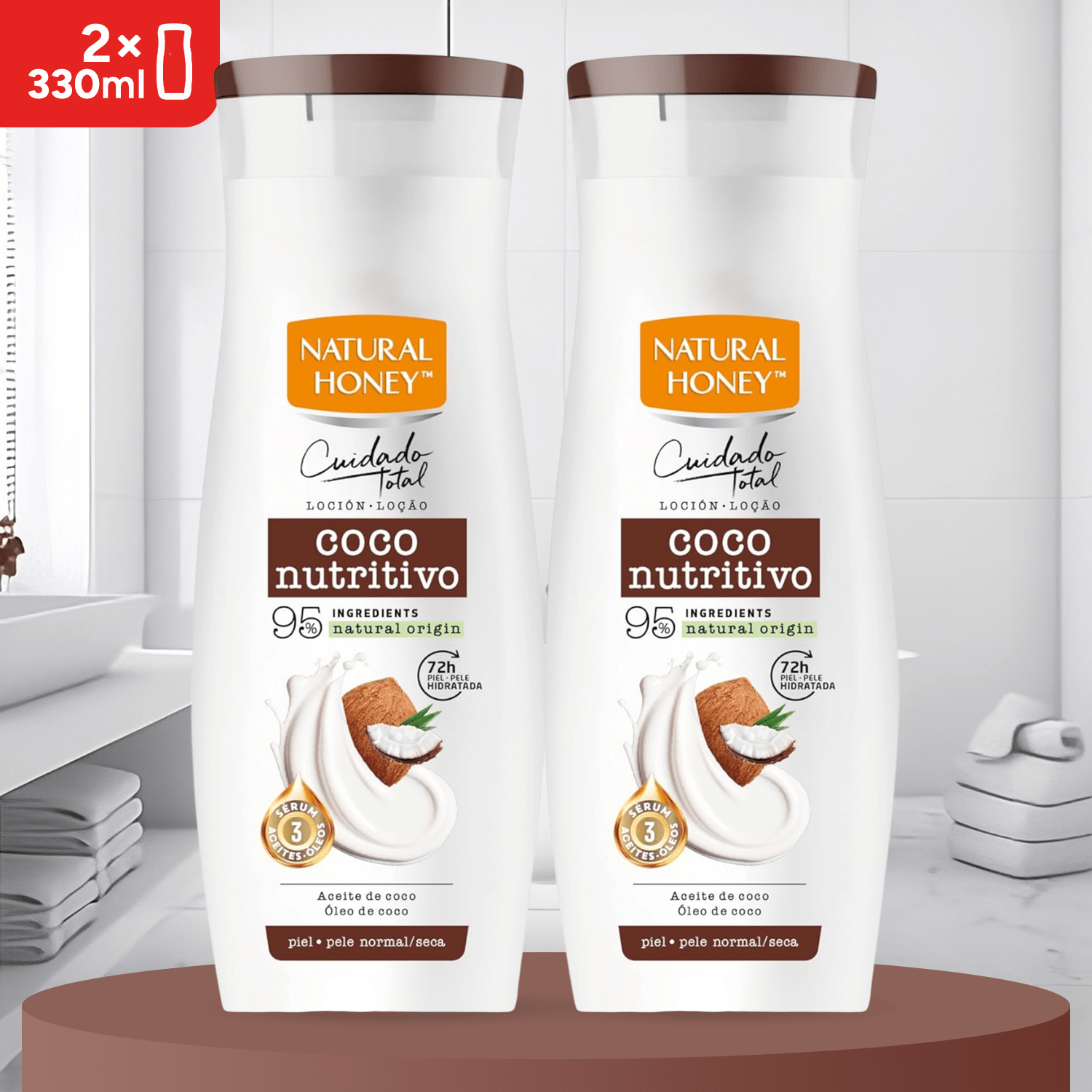 Natural Honey, Loción Corporal Coco Nutritiva para Pieles Secas, 72H de Nutrición Intensa, Fórmula con Aceite de Coco Orgánico y Sérum de Aceites Naturales, Piel Exóticamente Suave, Línea Cuidado Total, 330 ml