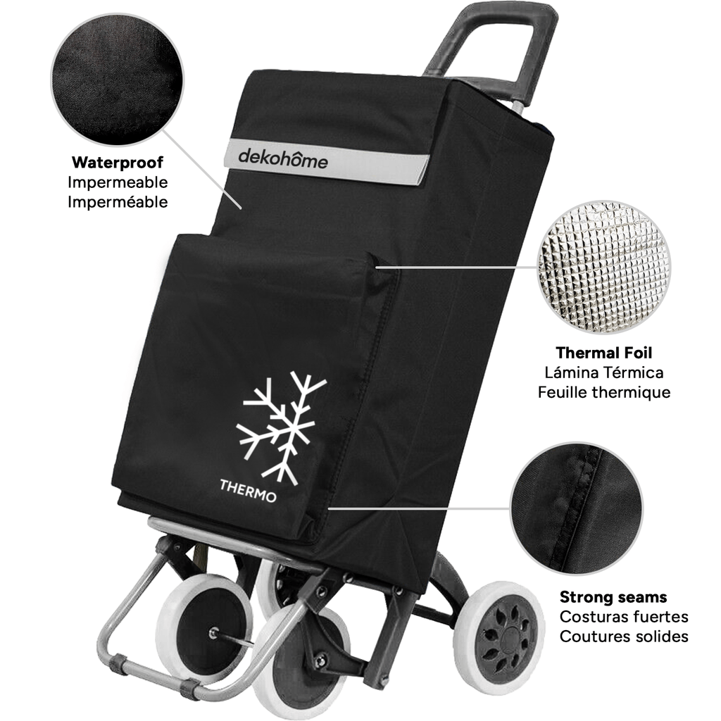 Carro Compra Plegable 4 Ruedas con Bolsillo Térmico para Congelados, Carro Plegable con Ruedas, 54 Litros de Capacidad y 40 Kg de Carga Máxima, Compartimentos Extra, Ruedas Grandes Resistentes para Facilitar el Movimiento y el Transporte del Peso