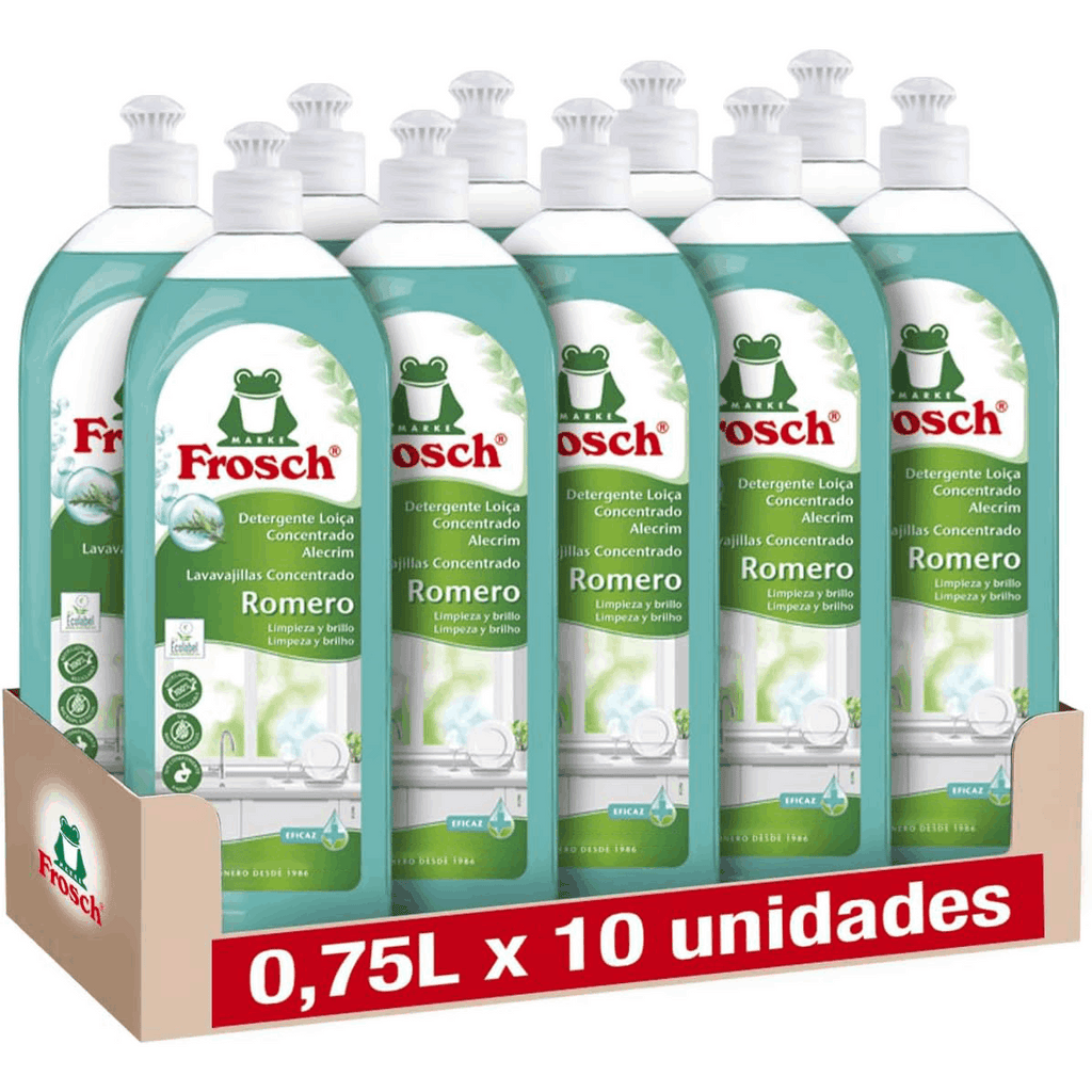 Frosch Lavavajillas Líquido Concentrado, Lavavajillas Detergente a Mano con Aroma a Romero, Limpieza e Higiene Eficaz, PH Neutro, Pack de 10 Unidades de 750 ml, 7.5 L en Total
