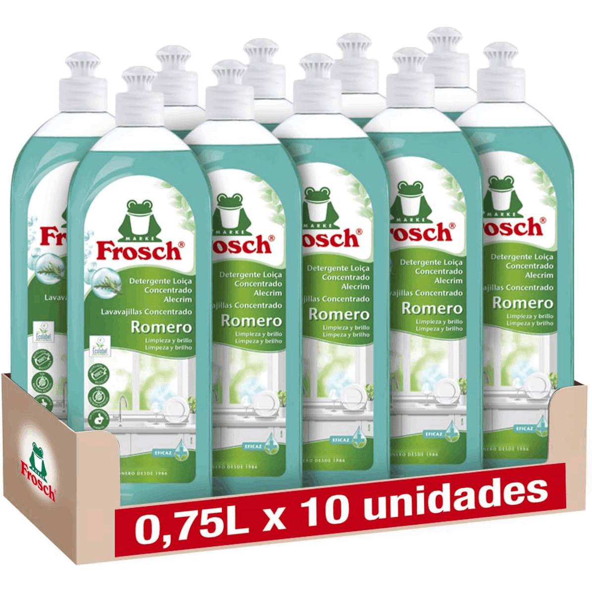 Frosch Lavavajillas Líquido Concentrado, Lavavajillas Detergente a Mano con Aroma a Romero, Limpieza e Higiene Eficaz, PH Neutro, Pack de 10 Unidades de 750 ml, 7.5 L en Total