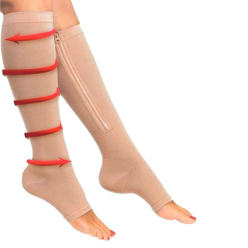 Medias de Compresión Mujer, Ideal para Piernas Cansadas, Alivia y Reduce la Hinchazón, Cremallera para Adaptarse a Cualquiera Talla y Forma de Pierna, Diseño de Punta Abierta para Mayor Comodidad, Hecho de Nylon y Elastán Flexible