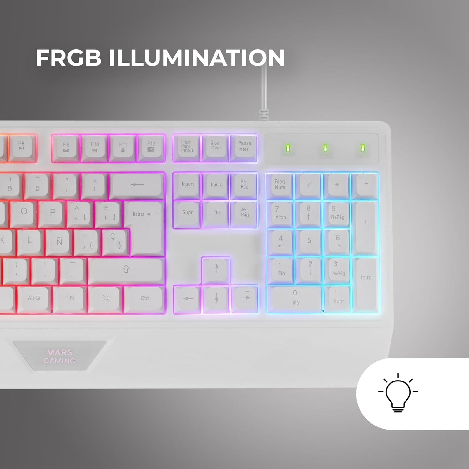 Mars Gaming MK124, Teclado Ergonómico H-Mech, Reposamuñecas Integrado, Iluminación FRGB Rainbow, Teclado Gaming Antighosting Avanzado, Teclado PC Completo Multiplataforma, Idioma Francés, Blanco