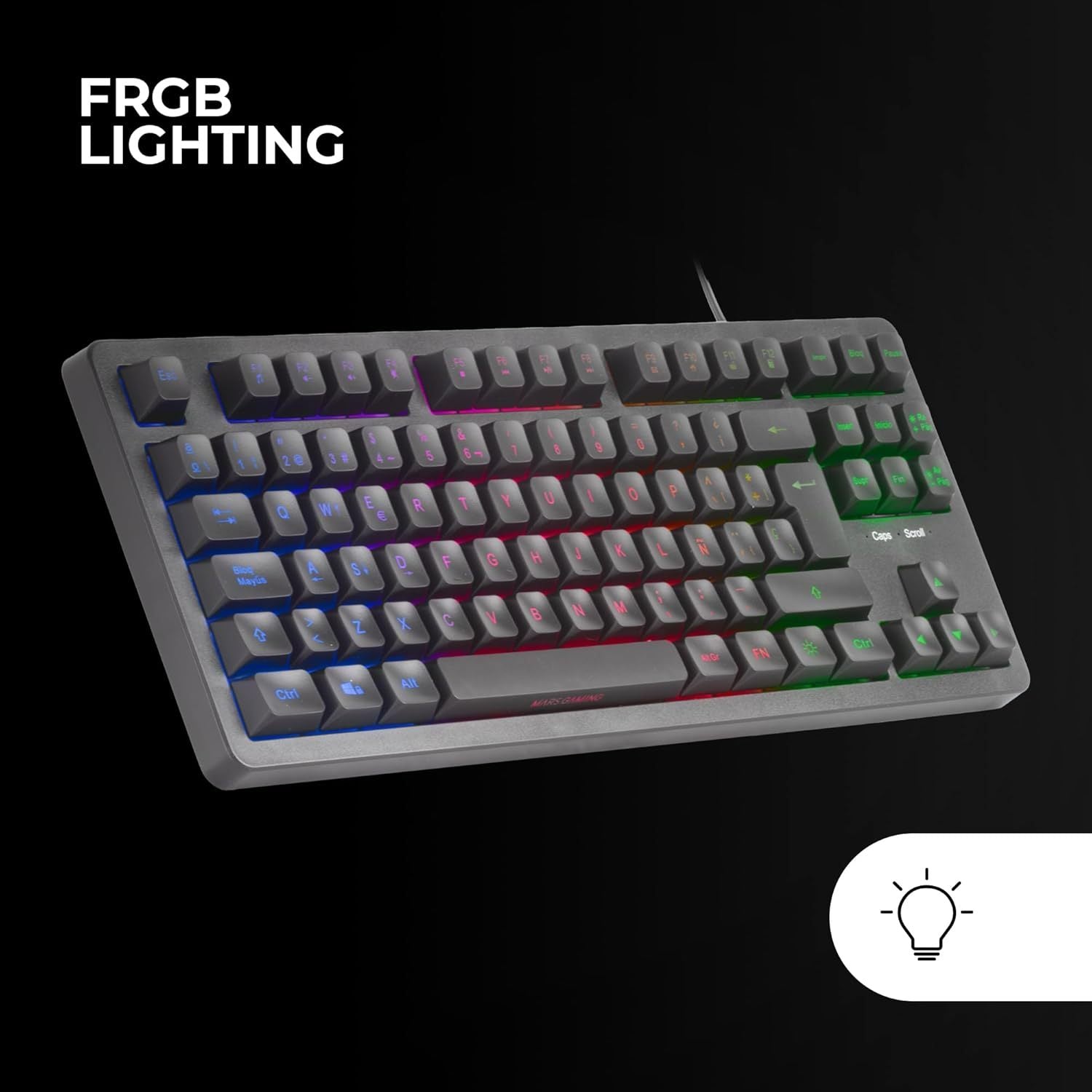 Mars Gaming MK023, Teclado Gaming TKL, Tecnología Híbrida H-Mech, Iluminación FRGB Rainbow, Anti-ghosting, Compatibilidad Universal, Negro, Idioma Español