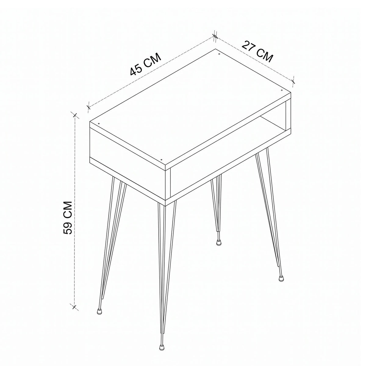 Mesita de Noche con Compartimento Abierto, Mesa Auxiliar para Dormitorio con Espacio de Almacenamiento y Patas Metálicas, Acabado Efecto Madera, 45 x 27 x 59 cm
