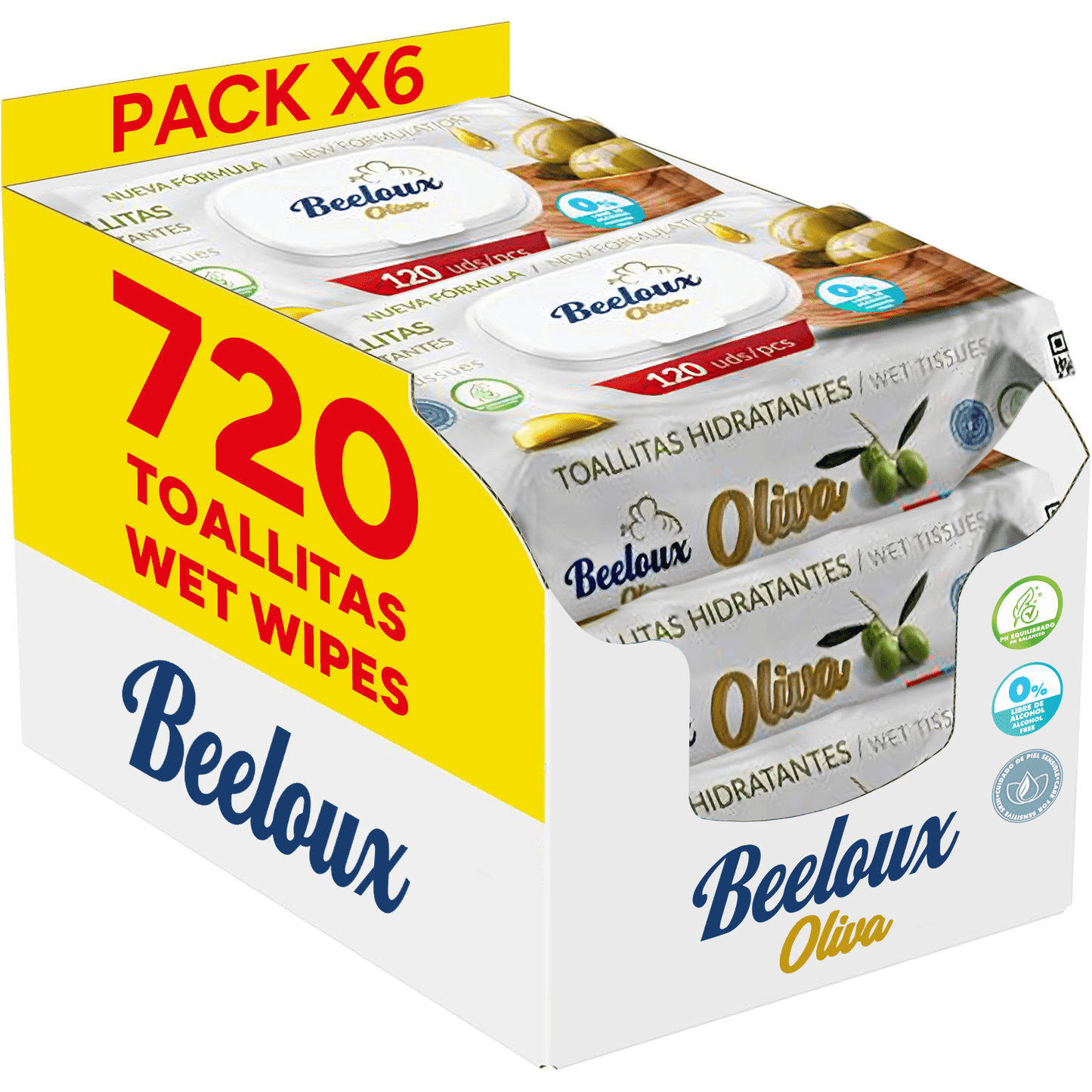 Beeloux Toallitas Húmedas, Cuidado e Hidratación Profunda, Toallitas Hidratantes con Fibras Ultrasuaves ideales para Piel Sensible, Perfume Limpio y Floral, 6 Packs de 120 Toallitas, 720 Toallitas