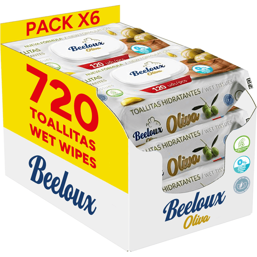 Beeloux Toallitas Húmedas, Cuidado e Hidratación Profunda, Toallitas Hidratantes con Fibras Ultrasuaves ideales para Piel Sensible, Perfume Limpio y Floral, 6 Packs de 120 Toallitas, 720 Toallitas