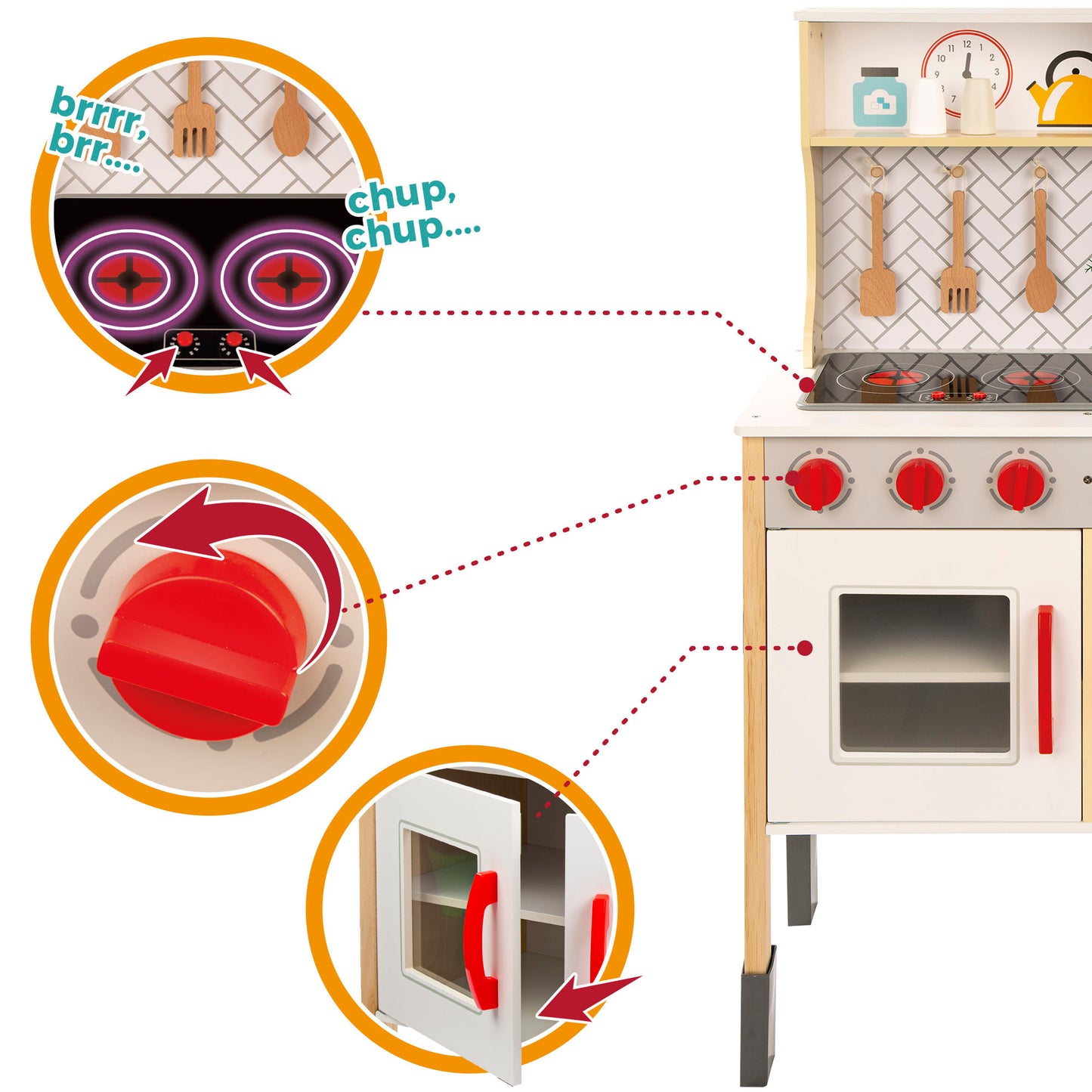 Cocina Juguete Grande con Luz y Sonido, Incluye Cocinita de Madera de 59,5 x 30 x 94,5 cm, Vitrocerámica Eléctrica, Fregadero, Microondas, Armario y Utensilios de Cocina, Bordes y Esquinas Redondeadas y Suaves