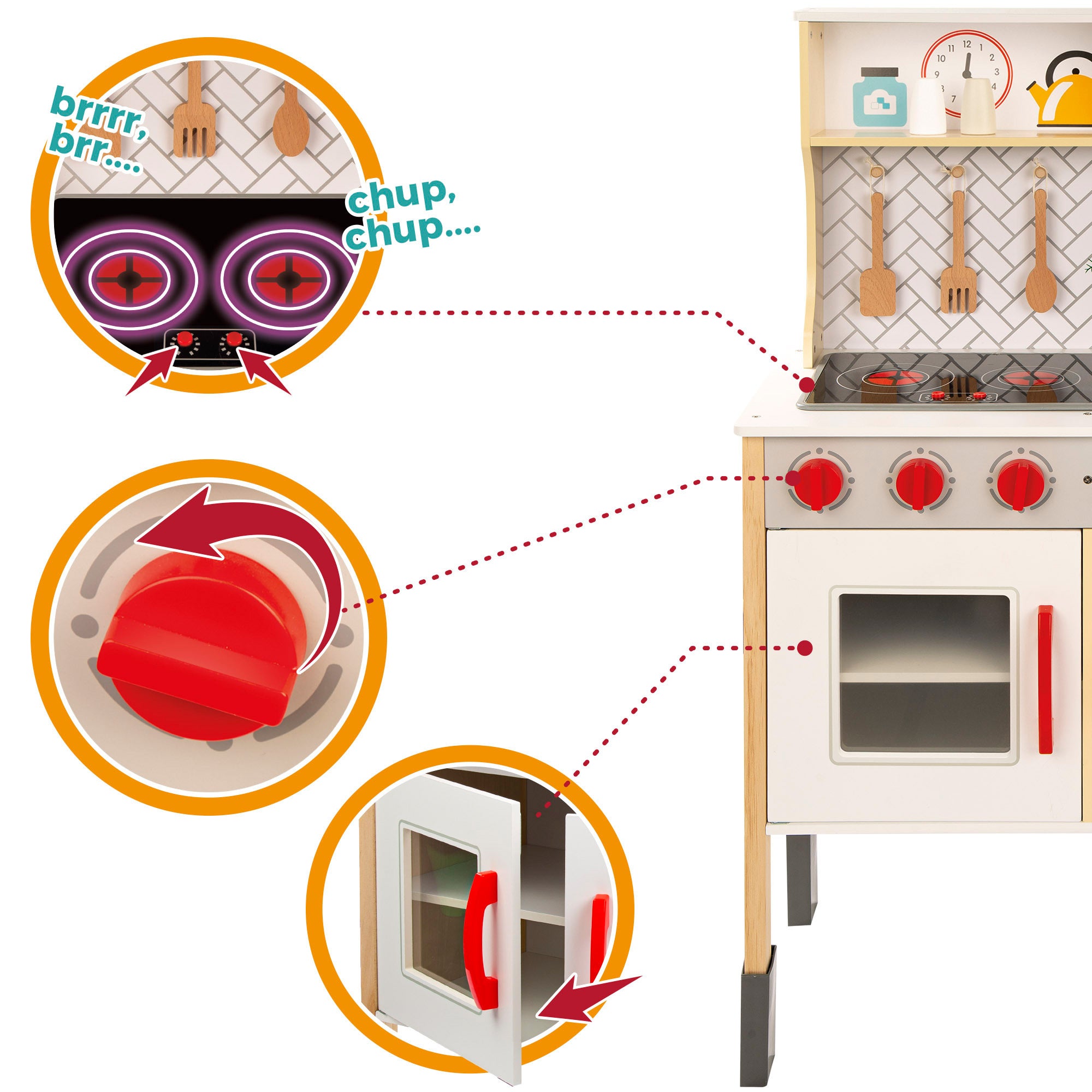 Cocina Juguete Grande con Luz y Sonido, Incluye Cocinita de Madera de 59,5 x 30 x 94,5 cm, Vitrocerámica Eléctrica, Fregadero, Microondas, Armario y Utensilios de Cocina, Bordes y Esquinas Redondeadas y Suaves