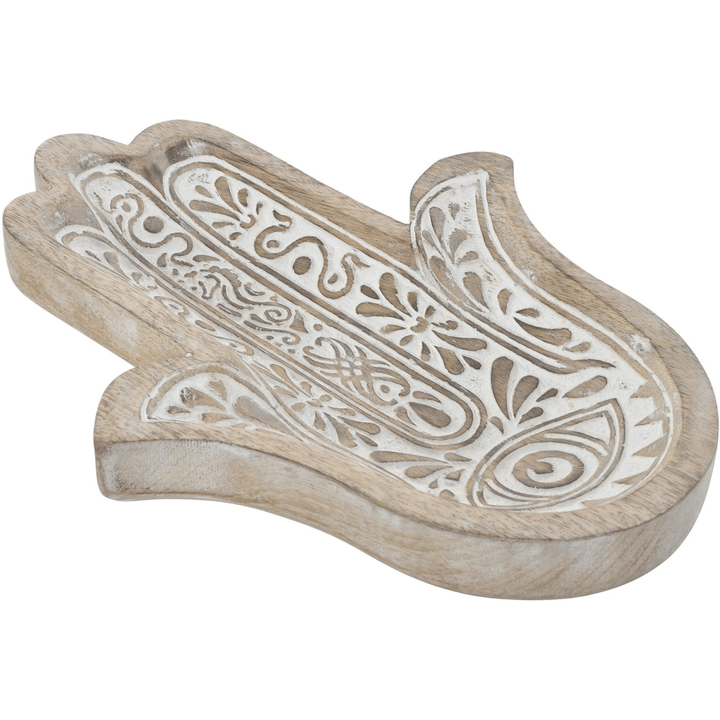Bandeja Vaciabolsillos Mano de Fátima, Madera con Efecto Decapado, Ideal como Elemento Decorativo, Centro de Mesa o Bandeja Vaciabolsillos, 1.8 x 20 x 25cm