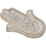 Bandeja Vaciabolsillos Mano de Fátima, Madera con Efecto Decapado, Ideal como Elemento Decorativo, Centro de Mesa o Bandeja Vaciabolsillos, 1.8 x 20 x 25cm