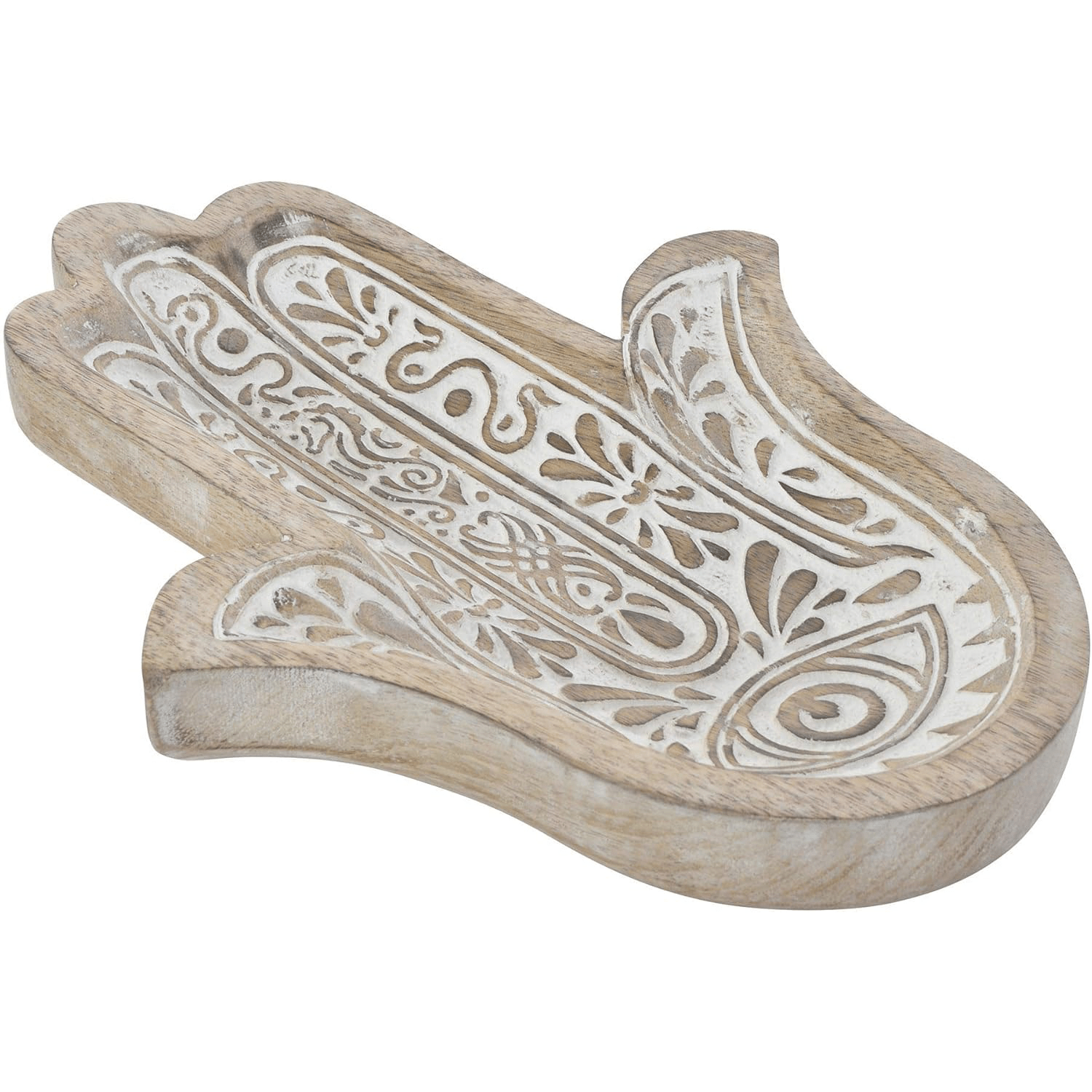 Bandeja Vaciabolsillos Mano de Fátima, Madera con Efecto Decapado, Ideal como Elemento Decorativo, Centro de Mesa o Bandeja Vaciabolsillos, 1.8 x 20 x 25cm