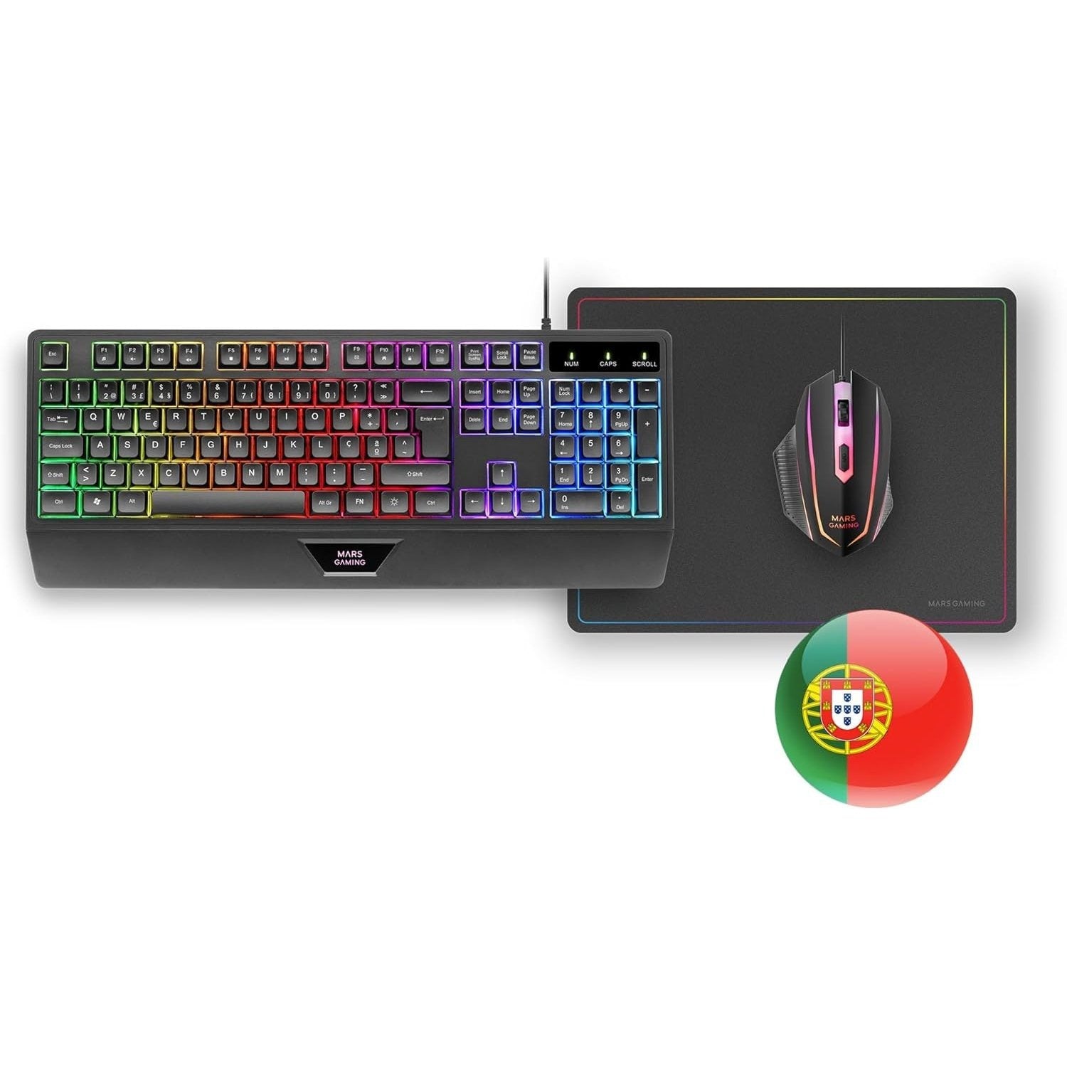 Mars Gaming MCP124, Combo Gaming 3en1, Teclado Ergonómico H-Mech LED RGB, Ratón RGB 3200DPI Switches HUANO, Alfombrilla Nanotextil 360x260mm, Compatibilidad Multiplataforma, Layout Portugués, Negro