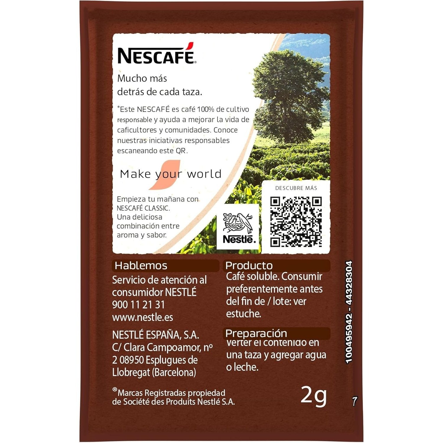 Nescafé Classic Natural, Café Soluble Natural en Sobre, 2g de Café por Sobre, Tueste Selecto, Intensidad 8, 120 Sobres