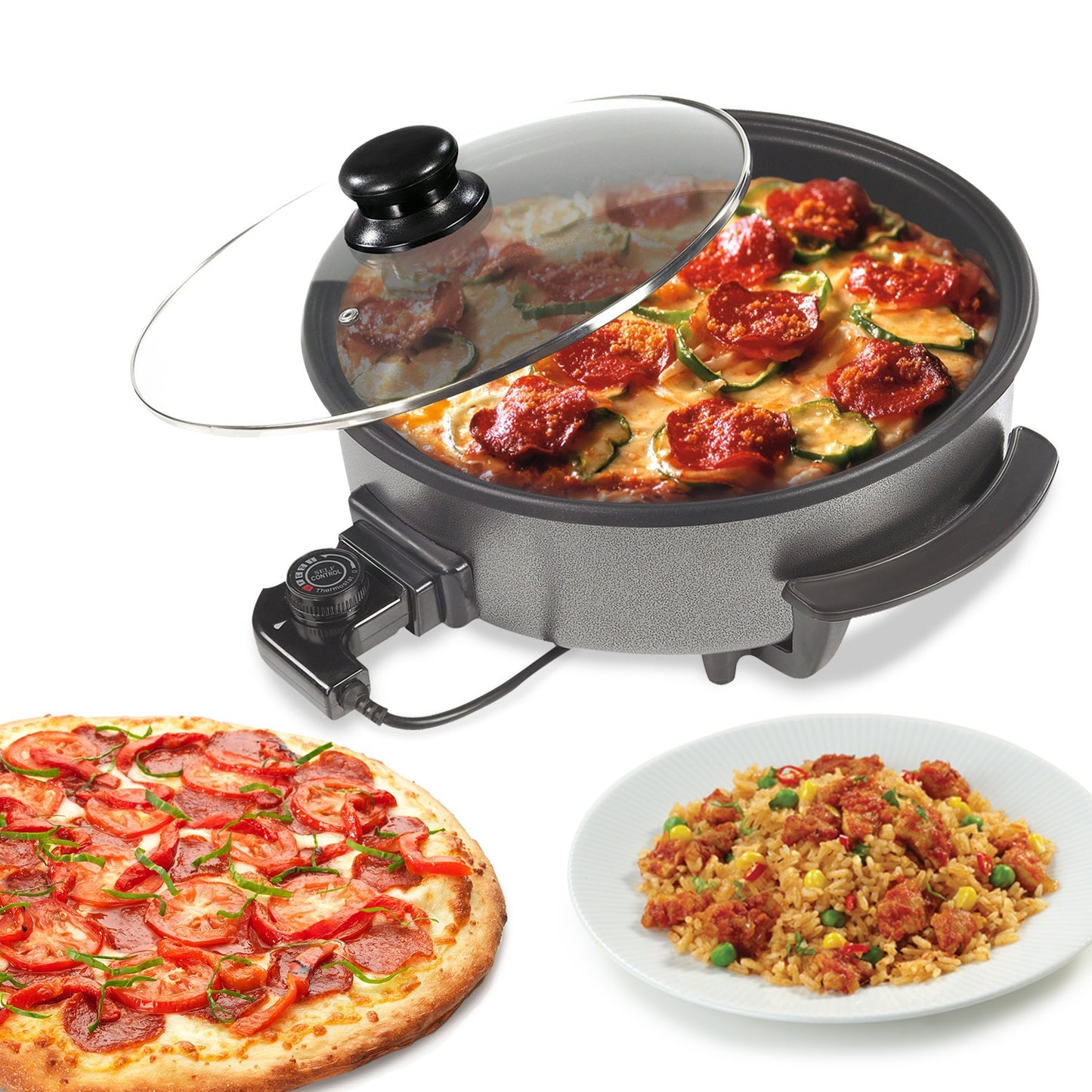 Paellera Eléctrica, Plato de Pizza, Sartén Eléctrica con Tapa de Cristal Templado y Revestimiento Antiadherente, Potencia 1500W, Control de Termostato Ajustable, Asas para Facilitar el Transporte, Fácil de Limpiar