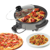 Paellera Eléctrica, Plato de Pizza, Sartén Eléctrica con Tapa de Cristal Templado y Revestimiento Antiadherente, Potencia 1500W, Control de Termostato Ajustable, Asas para Facilitar el Transporte, Fácil de Limpiar