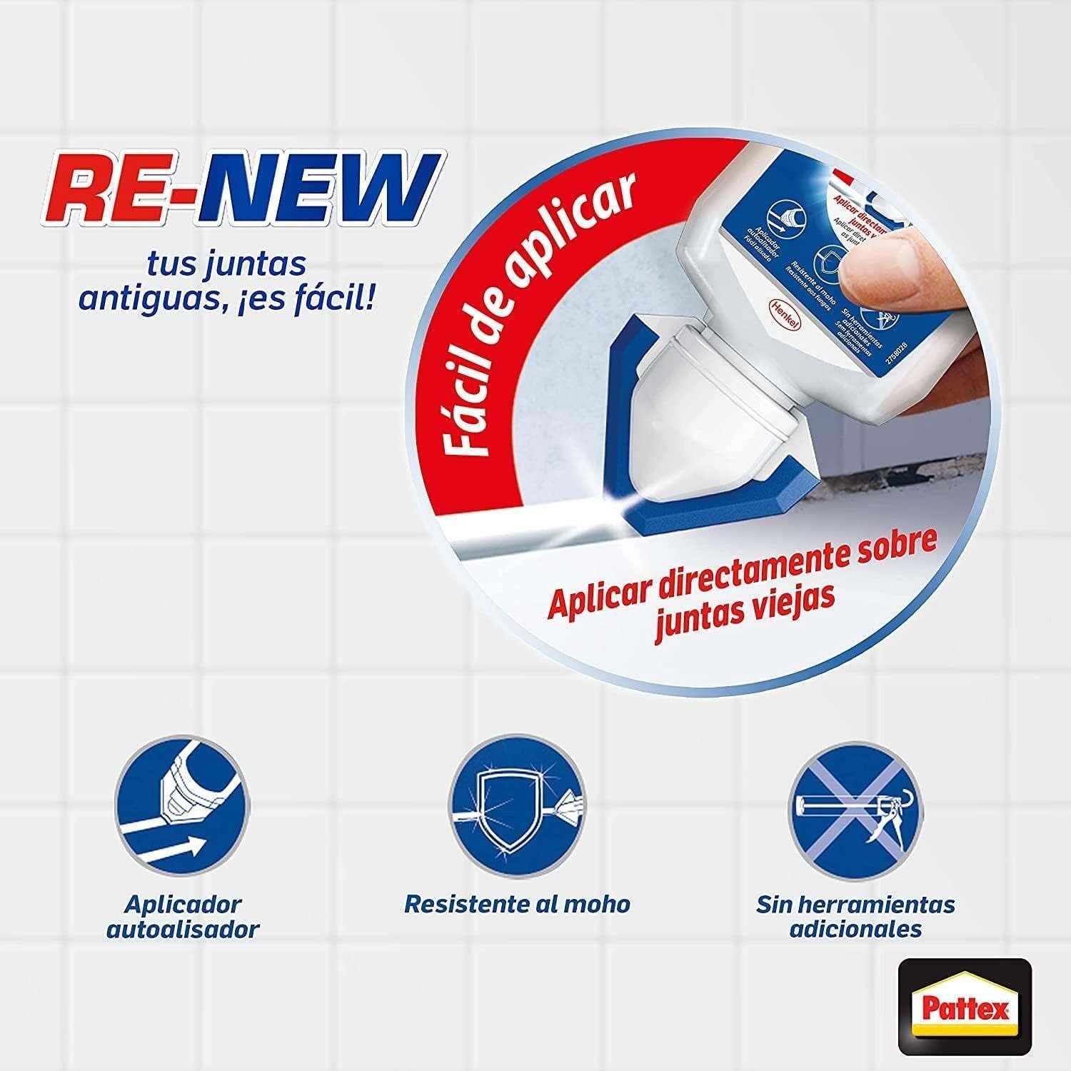 Pattex RE-NEW, Silicona Blanca para Juntas, Juntas Limpias Fácilmente, Silicona Resistente, Sellador de Juntas de Cocina y Baño, 2 x 80ml