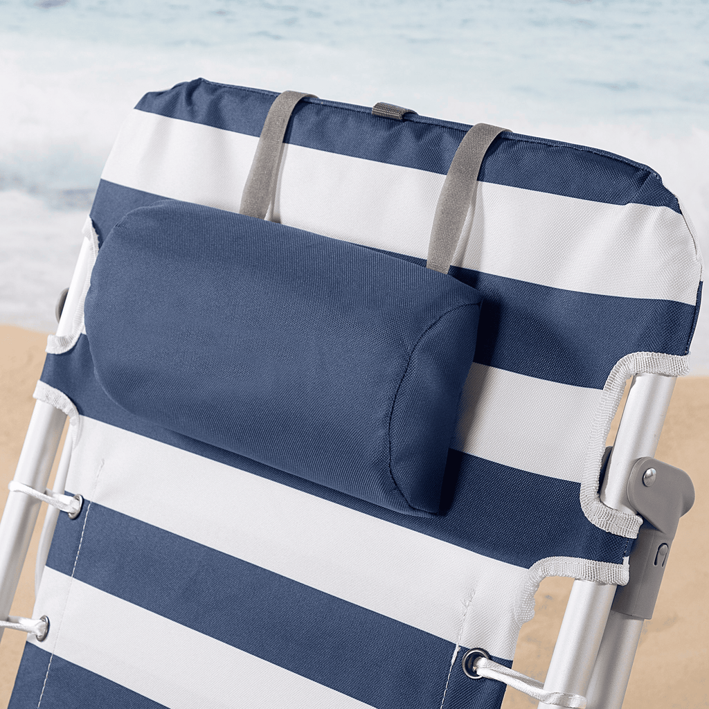 Silla Plegable Playa Reclinable y Resistente. Soporta hasta 110kg. 4 Posiciones, Respaldo Reclinable, Cojín Acolchado, Bolsillo Lateral. Sistema Antivuelco. Hecha de Aluminio y Poliéster. Ideal para Playa, Jardín, Terraza o Camping. 50x45x76cm