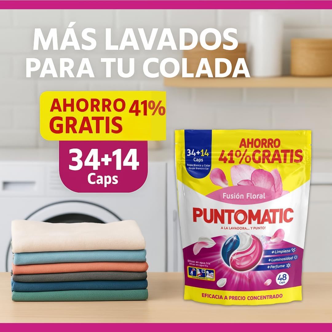 PUNTOMATIC Cápsulas Tricámara Floral, Detergente para Lavadora para Ropa Blanca y de Color, Quitamanchas, 4 Unidades, 192 Lavados en Total