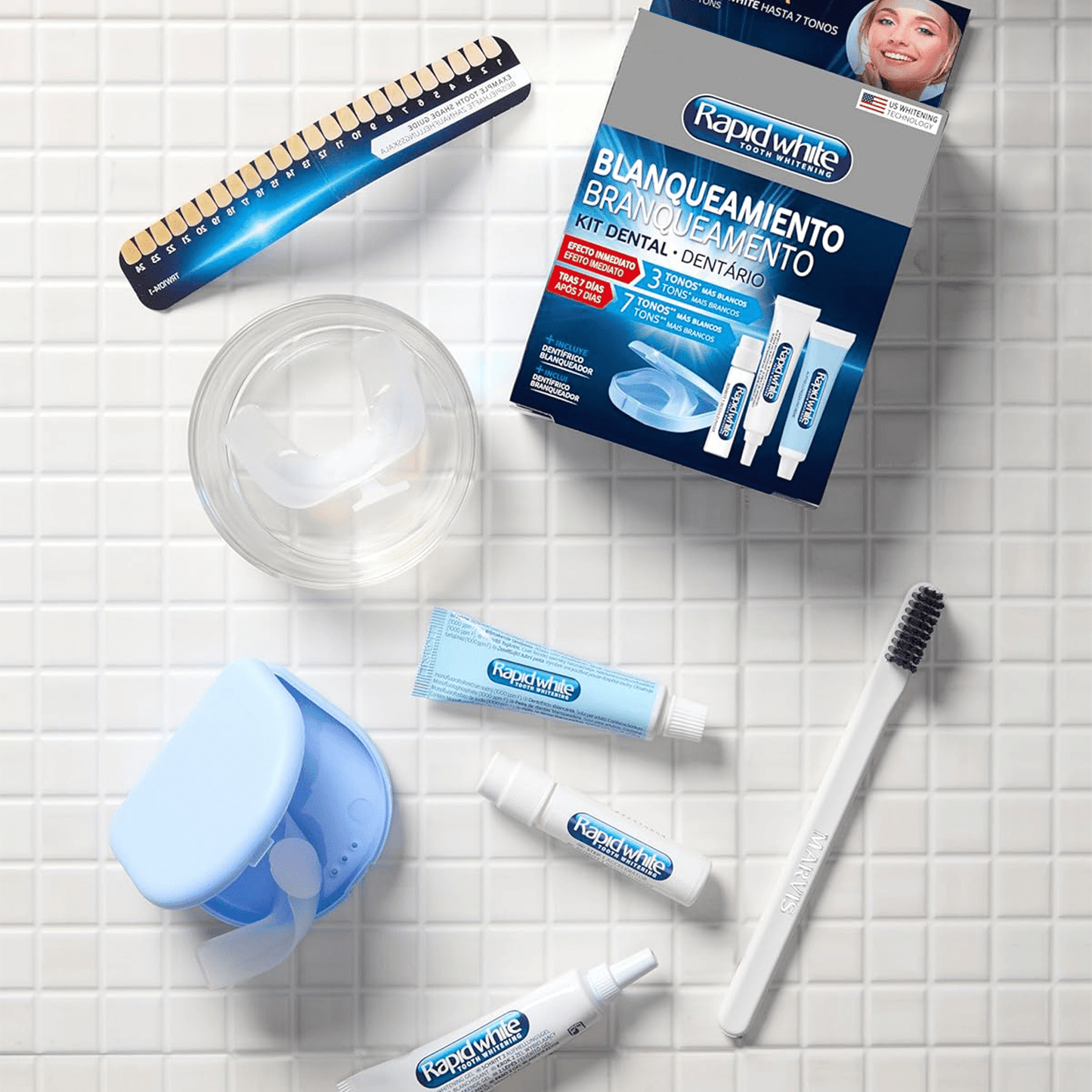 Kit, Tiras y Dentífricos Blanqueadores: Dientes hasta 7 Tonos Más Blancos, Protección Duradera, Limpia Eficazmente, Blanqueamiento Rápido en Casa - Rapid White