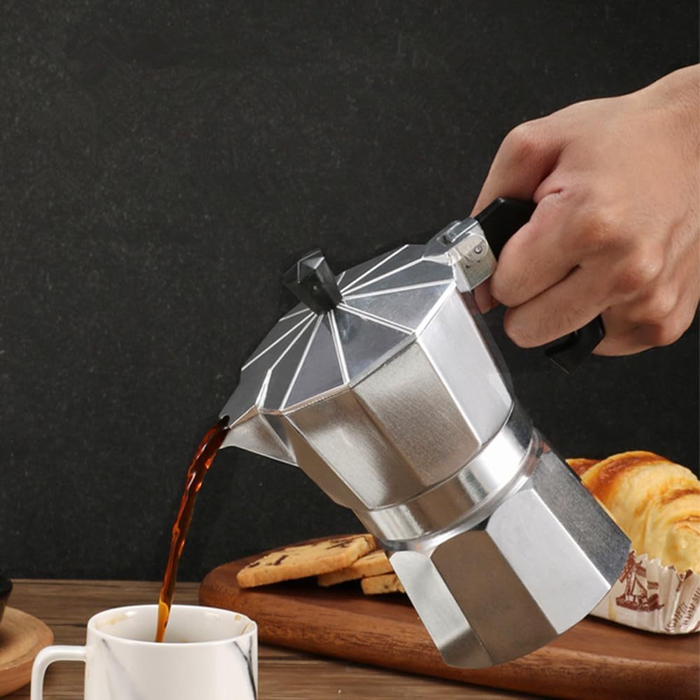 Cafetera Italiana 6 Tazas, Cafetera Italiana de Aluminio con Mango Ergonómico, Compatible con Cocina de Gas, Vitrocerámica e Inducción, Válvula de Seguridad