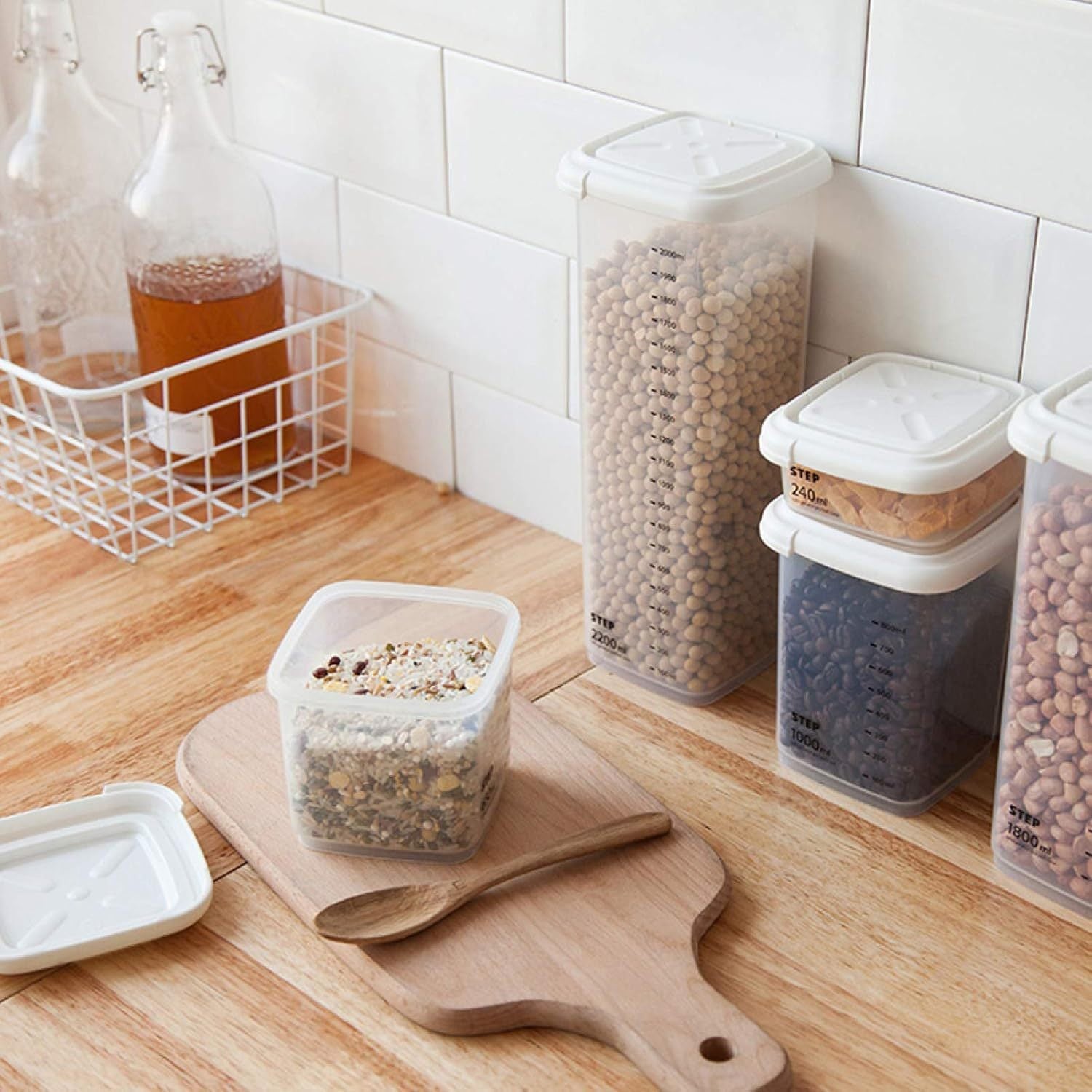 Recipientes Almacenamiento Cocina, Set de 4 Recipientes de Botes Cocina Almacenaje de Plástico, Capacidad para 240ml, 650ml, 1000ml y 2200ml, Cierre Hermético con Tapa, Apilables