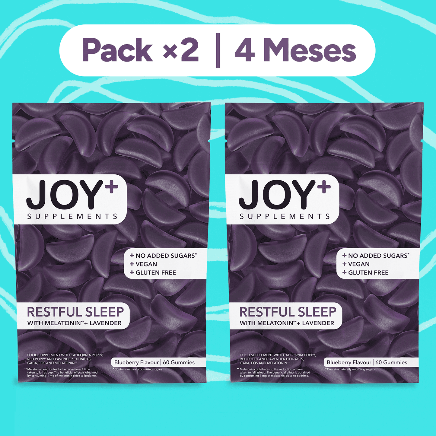 Pack x2 Gominolas para Dormir con Melatonina, Lavanda, Amapola California, Amapola Roja y GABA, Sabor Arándanos, 2 x 60 Gummies, 120 Gummies - Joy+ Supplements