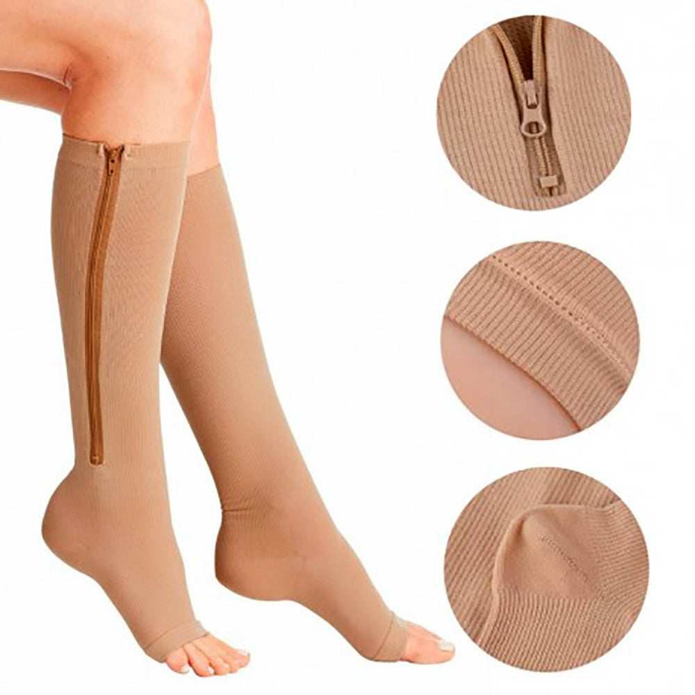 Medias de Compresión Mujer, Ideal para Piernas Cansadas, Alivia y Reduce la Hinchazón, Cremallera para Adaptarse a Cualquiera Talla y Forma de Pierna, Diseño de Punta Abierta para Mayor Comodidad, Hecho de Nylon y Elastán Flexible