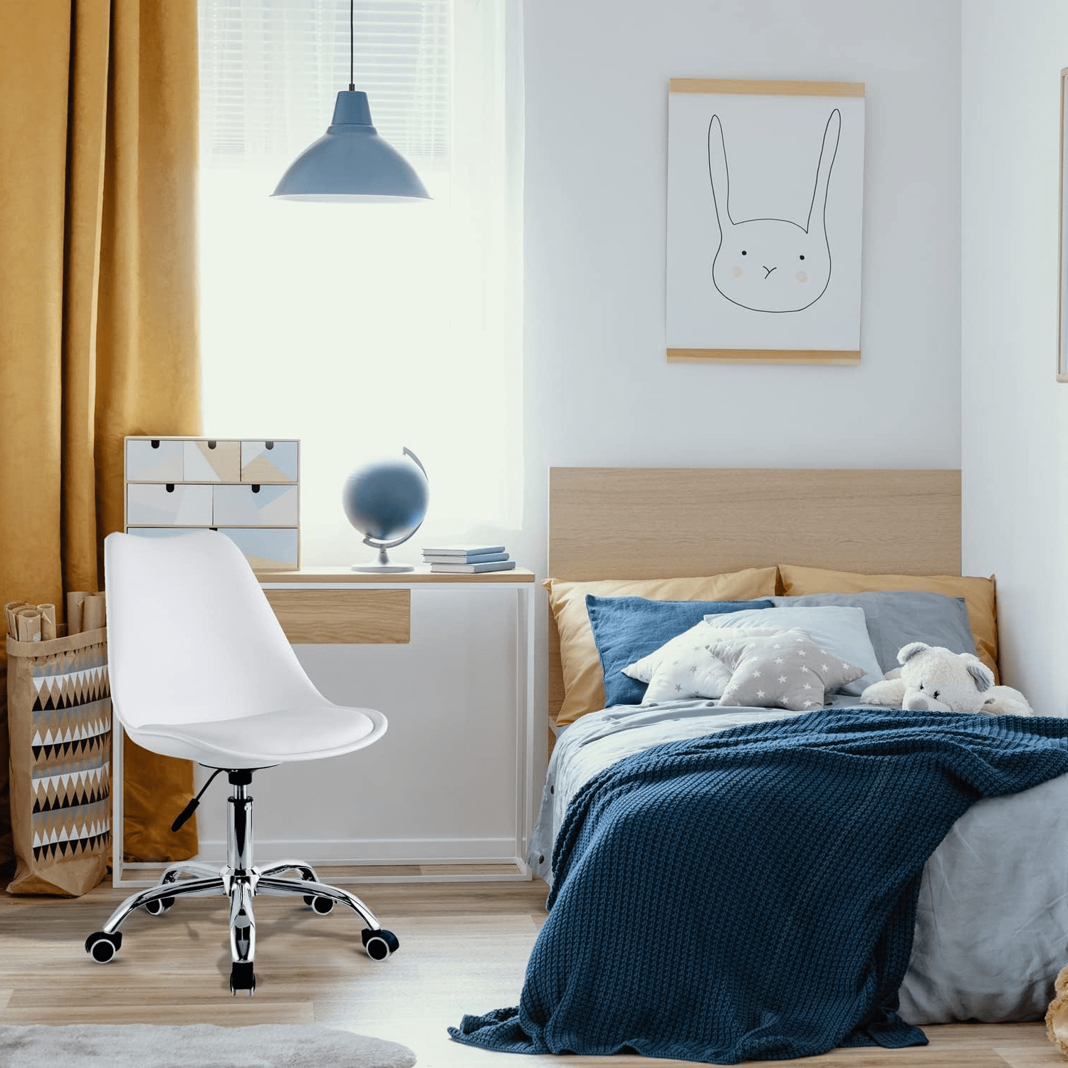 Silla Escritorio Ergonómica con Ruedas, Silla Oficina Giratoria con Altura Ajustable, Acolchada, Estilo Nórdico, Ideal para Estudio y Oficina