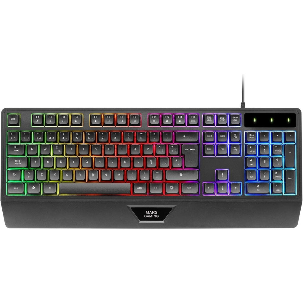 Mars Gaming MK124, Teclado Ergonómico H-Mech, Reposamuñecas Integrado, Iluminación FRGB Rainbow, Teclado Gaming Antighosting Avanzado, Teclado PC Completo Multiplataforma, Idioma Español, Negro