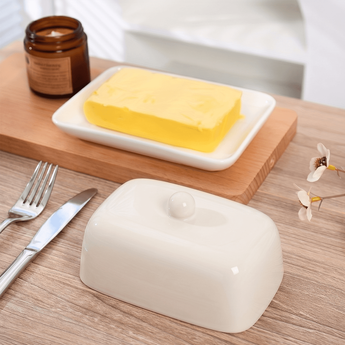 Mantequillera Cerámica Blanca con Tapa, Mantequillera con Asa y Tapa, Duradero para Cocina Doméstica y Restaurante
