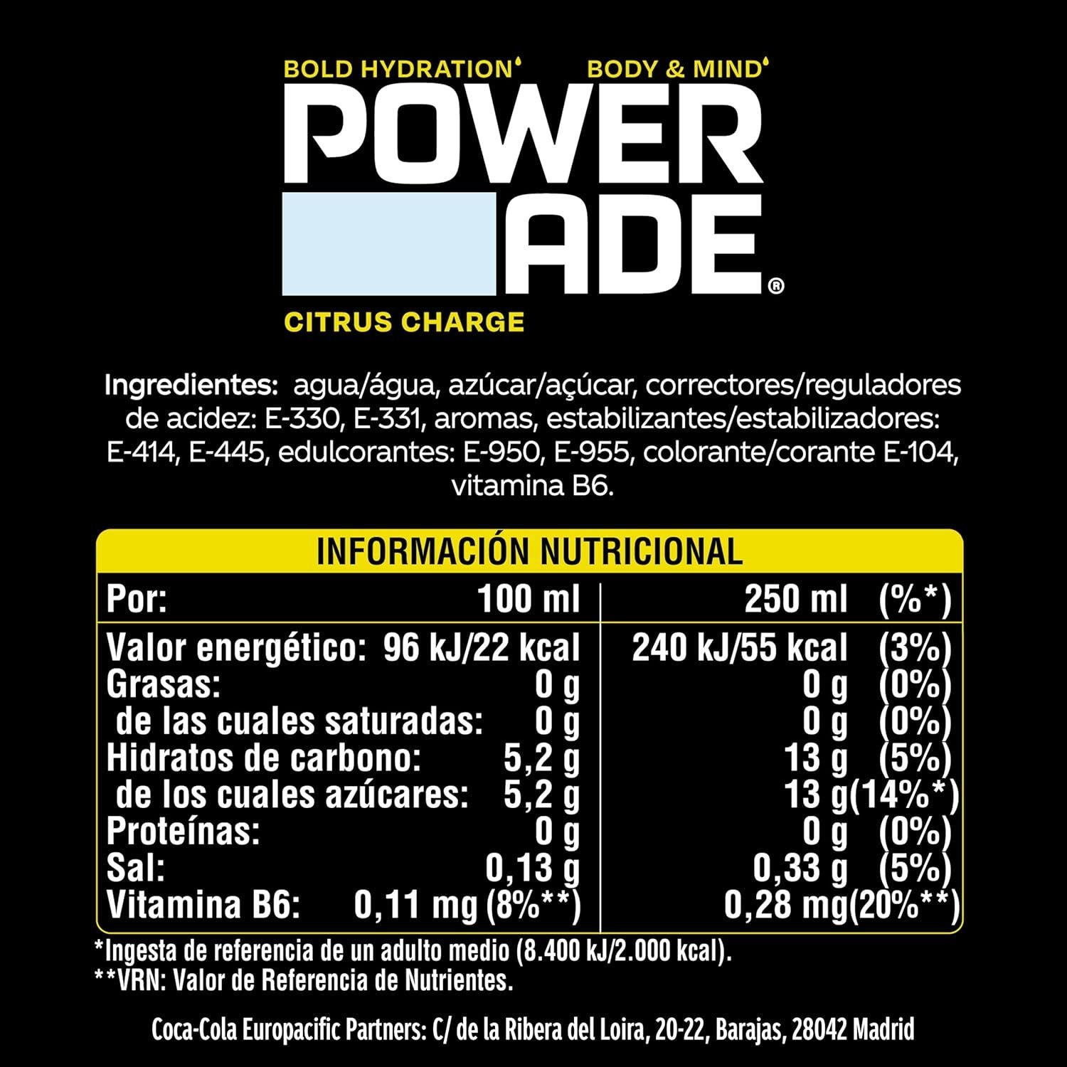 Powerade Bebida Isotonica, Bebida Deportiva Refrescante y Sin Gluten, Con Vitaminas B6 y Electrolitos a Base de Hidratos de Carbono, Ideal para Entrenamientos y Deporte, Pack 12/24, 500ml