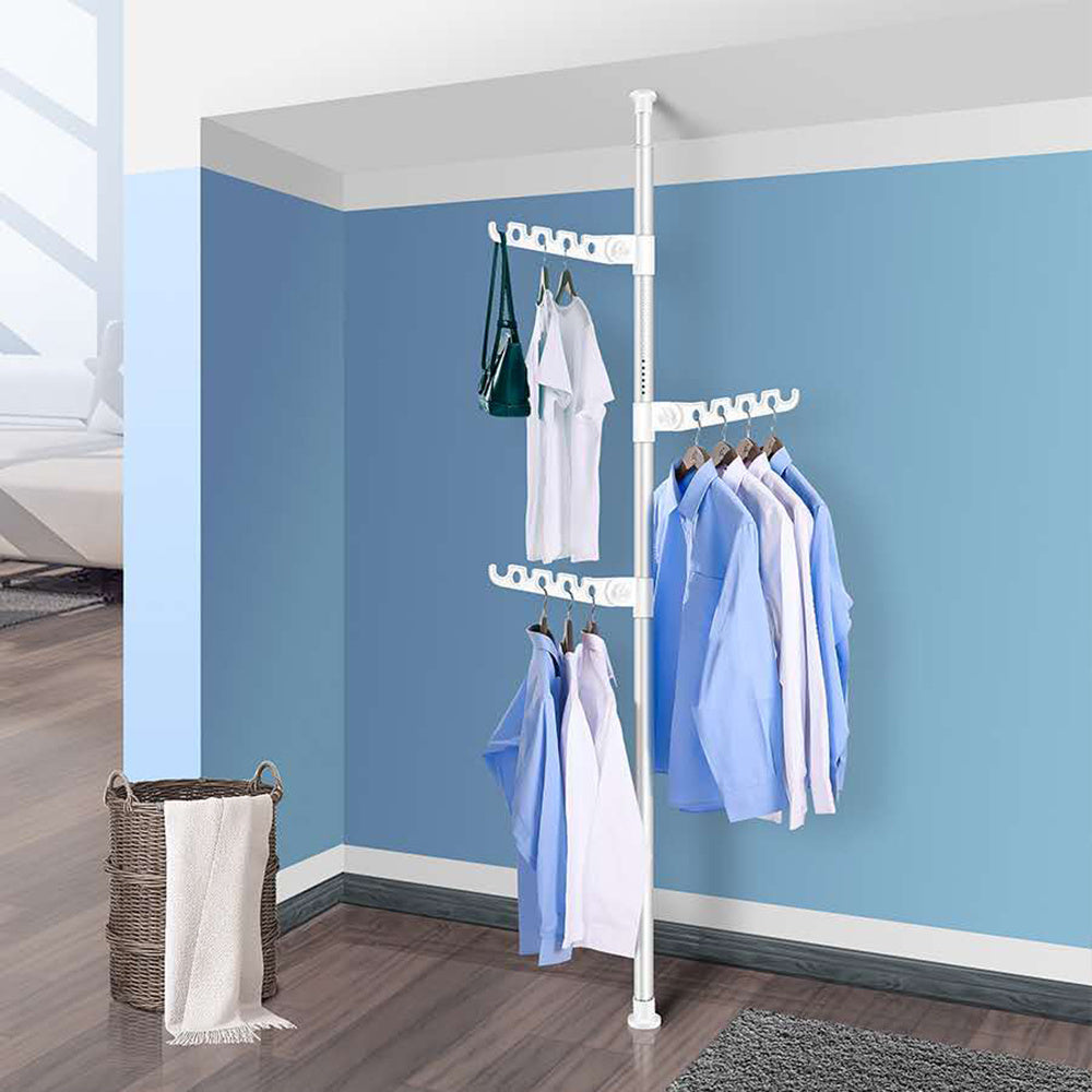 Tendedero Ropa Vertical Extensible, Tendedero Tubo Extensible, Fácil de Instalar, Ajustable en Altura, Portátil, 3 Perchas Ajustables, Fácil de Guardar, Instalación sin Herramientas, Apto para Interior, Salón, Dormitorio, Balcón, Oficina y Cuarto de Baño