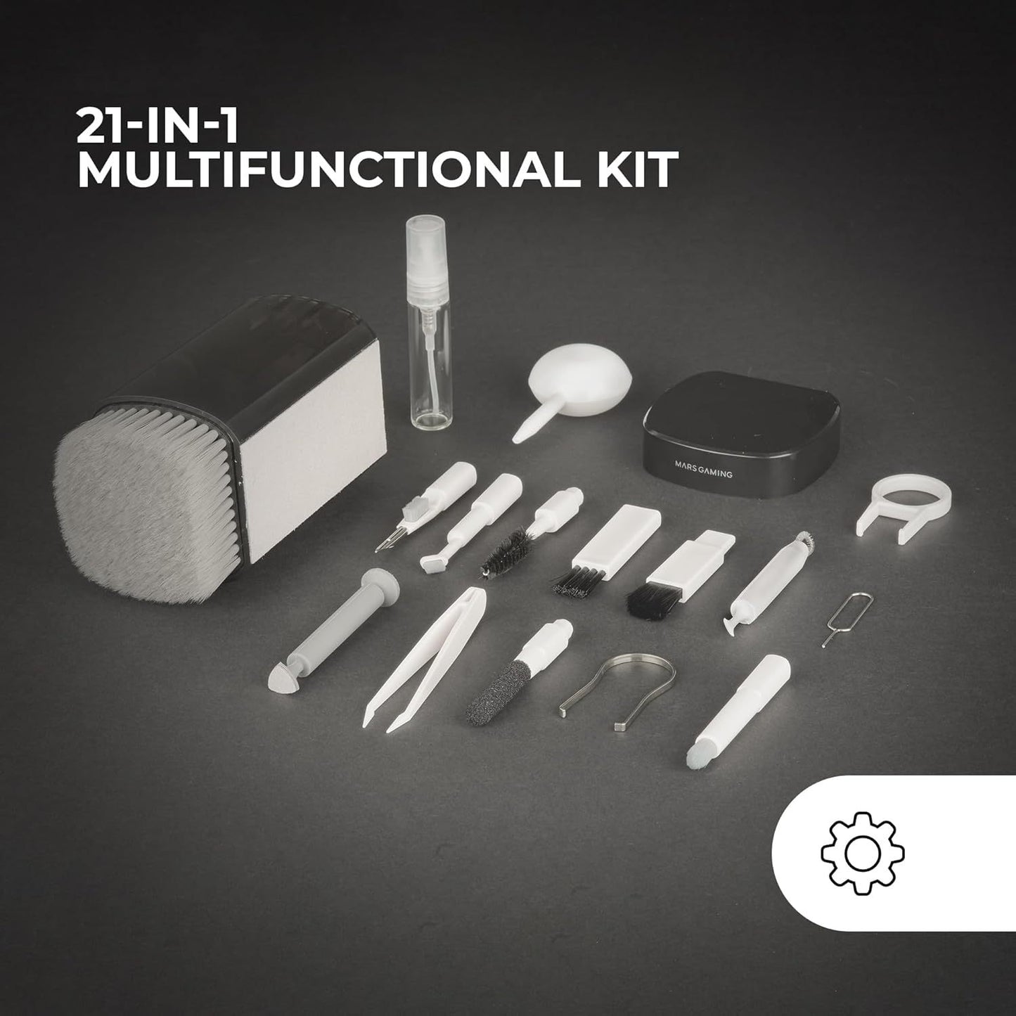 Mars Gaming MA-Kit, Kit de Limpieza Multifunción 21en1, Diseño Compacto y Portátil, Cepillos Suaves y Paño Sin Pelusa, Kit Limpieza Profesional Dispositivos Electrónicos, Extractor de Teclas, Estuche