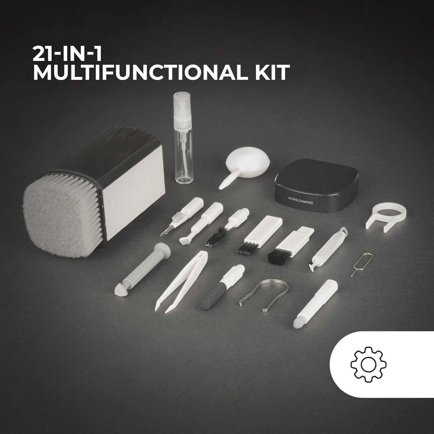 Mars Gaming MA-Kit, Kit de Limpieza Multifunción 21en1, Diseño Compacto y Portátil, Cepillos Suaves y Paño Sin Pelusa, Kit Limpieza Profesional Dispositivos Electrónicos, Extractor de Teclas, Estuche