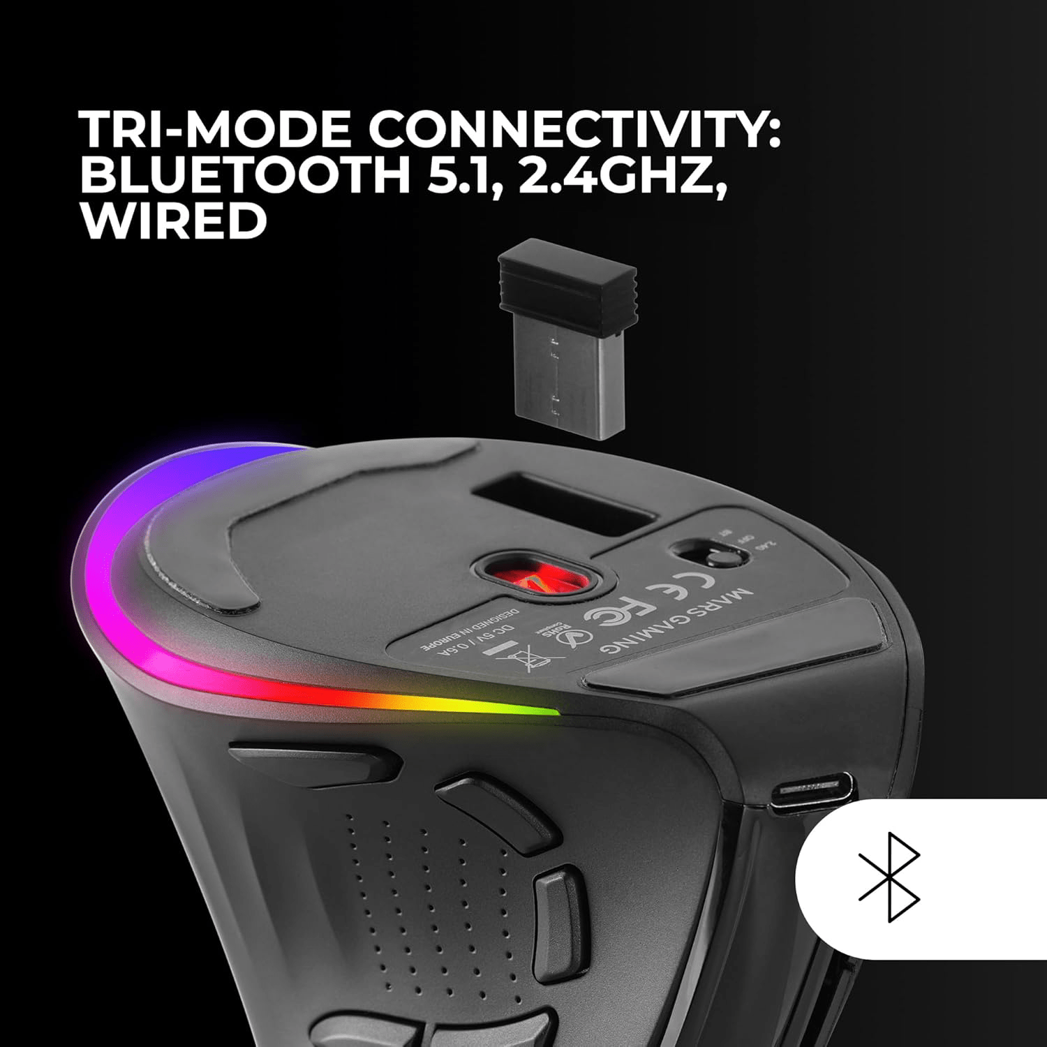 Mars Gaming MM-SK, Ratón Gaming Inalámbrico Vertical Tri-Mode Ergonómico, Iluminación RGB Chroma, Sensor Óptico Pixart 8400DPI, Switches Mecánicos Huano, 9 Botones Programables, Negro