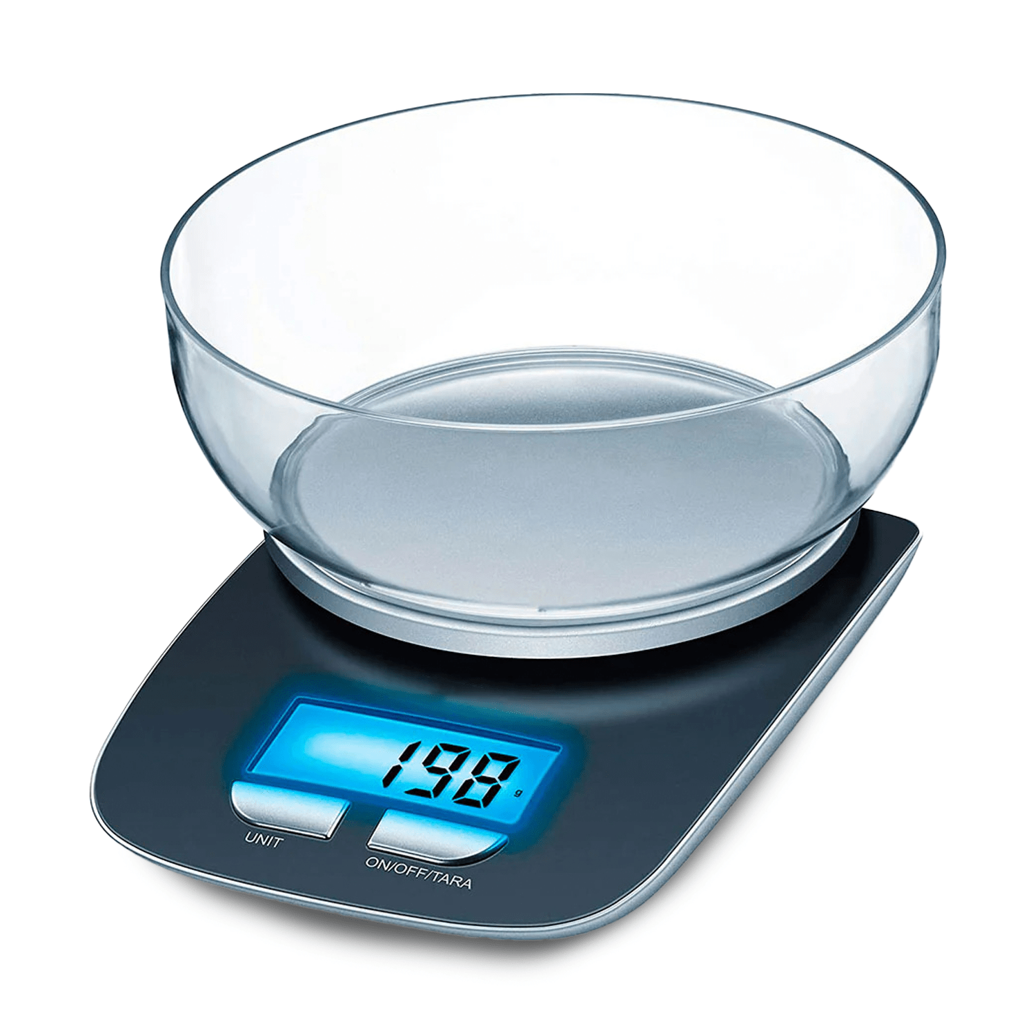 Bascula Cocina con Bol con Capacidad de 1100ml, Carga Máxima de 5Kg, Pantalla LED Retroiluminada, Graduación de 1gr, Unidades de Medida: Kg, Gr, Oz y Lb, Funciona con 2 Pilas AAA, 20.8 x 18,3 cm
