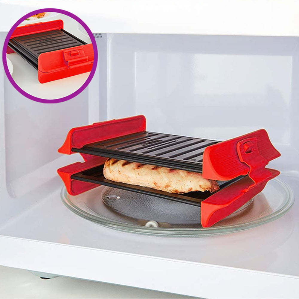 Plancha para Microondas de Acero Antiadherente, Cuenta con Asas y Cierre de Silicona Resistente, Cocción a la Parrilla Fácil y sin Ensuciar, Ideal para Sándwiches, Carnes y Verduras