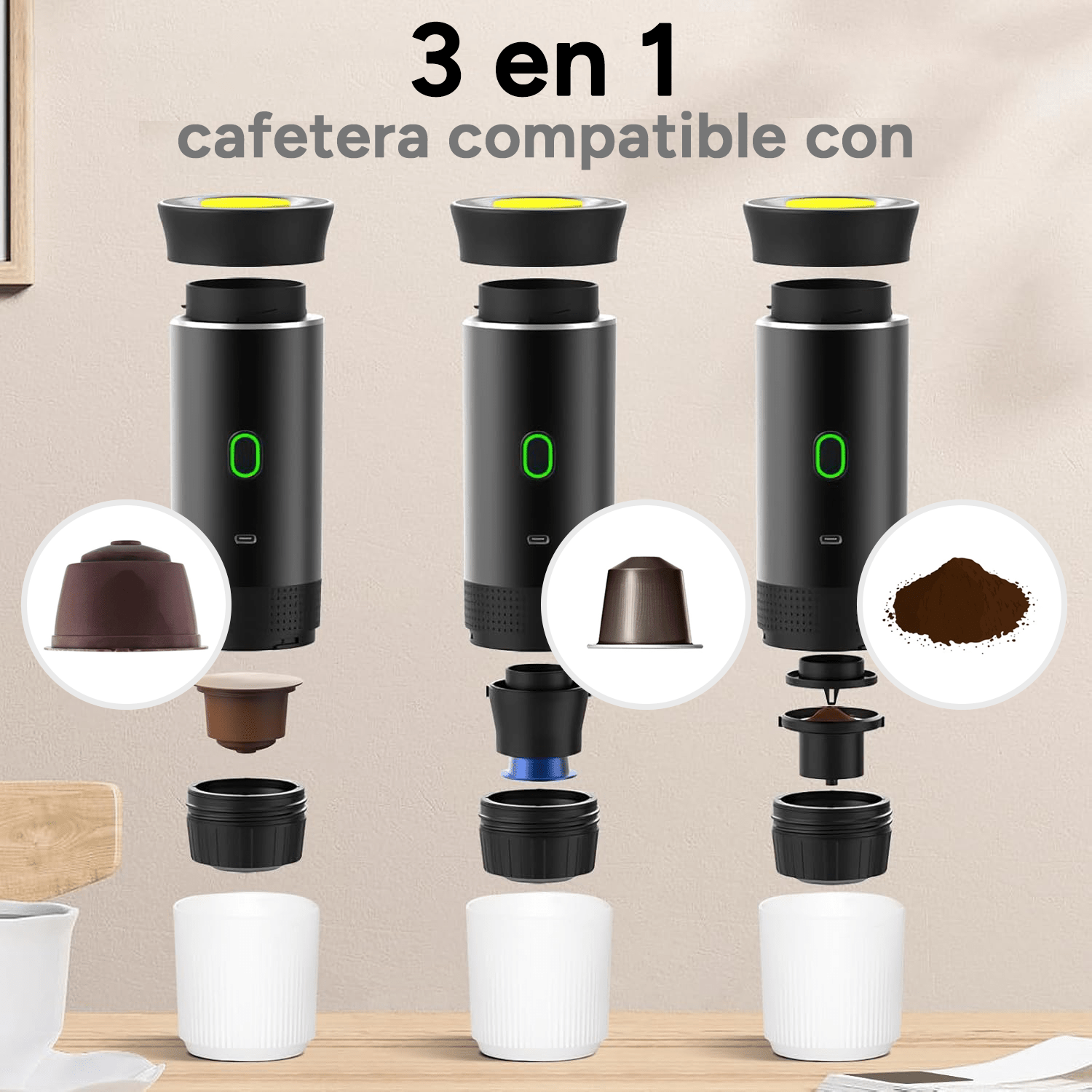 Maquina Café Espresso Portátil, Compatible con Cápsulas Pequeñas, Grandes y Café Molido, Fácil de Limpiar, Carga USB-C, Hasta 50 Cafés por cada Carga Completa, Compacto y Ligero Ideal para Fuera de Casa, Trabajo, Oficina, Viaje, Excursión