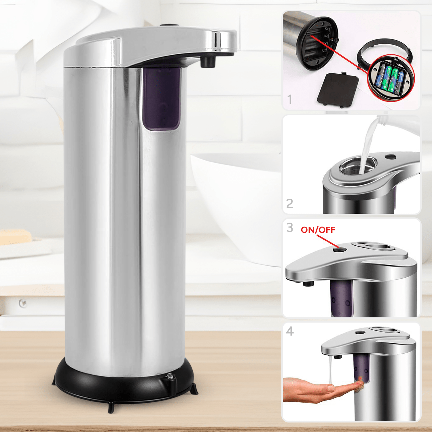 Dispensador Jabón Automático de Acero Inoxidable con Sensor, 250ml de Capacidad, Compatible con todo tipo de Jabón, Anti Goteo, Indicador Luminoso de Encendido, Funciona con 4 Pilas AAA (no incluidas), 3 Modos de Cantidad de Descarga de Jabón