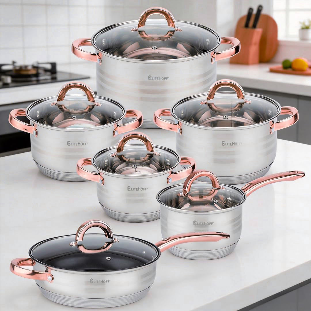 Batería de Cocina 12 Piezas, Juego de Ollas, Cazo y Sartén de Acero Inoxidable, Tapas Incluidas, Apto para Lavavajillas, Apto para Cocina Eléctrica, Gas, Vitrocerámica e Inducción