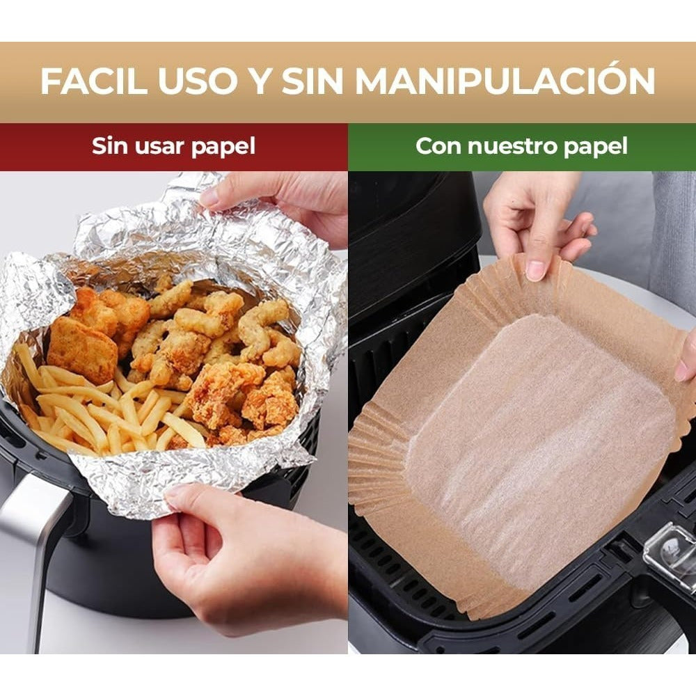 x50 Papel Freidora Aire, Papel Antiadherente, Resistente e Impermeable, Ideal para Freidoras sin Aceite, Papel Air Fryer Cuadrado, 20 cm