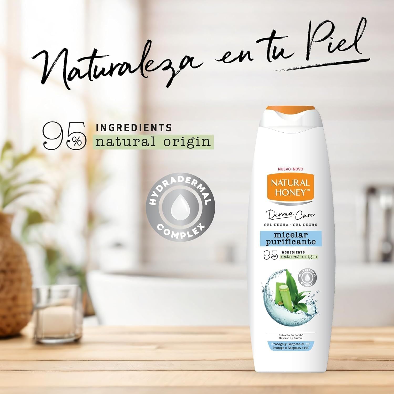 Natural Honey, Gel de Ducha Micelar Purificante con Extracto de Bambú, Hydradermal Complex y Micelas que Previenen la Sensación de Sequedad, Protege el pH Natural de la piel, Línea Derma Care, 650 ml