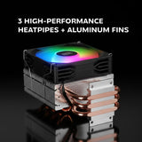 Mars Gaming MCPU-X3, Disipador CPU 190W TDP, 3x Heatpipes, Ventilador PWM FDB, Iluminación FRGB, Diseño Compacto SFF/Mini-ITX, Aletas de Aluminio, Cooler PC con Compatibilidad Intel y AMD, Negro