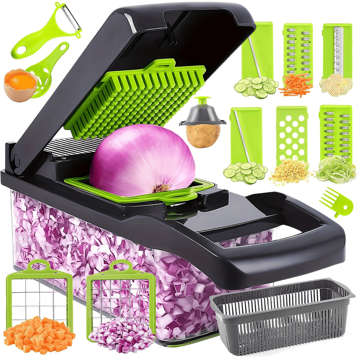 Cortador Verduras Manual Multifuncional, Múltiples Accesorios y Cuchillas, Incluye Recipiente, Pelador y Filtro, para Preparación Fácil de Comidas, Cortador Profesional para Verduras y Frutas