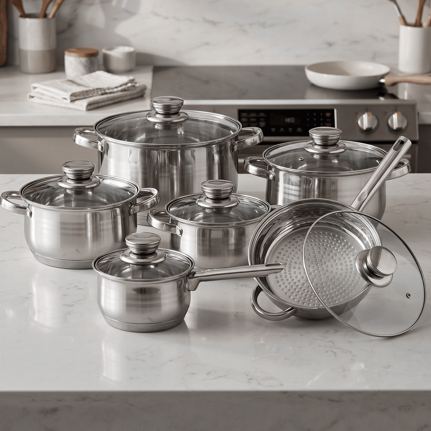 Batería de Cocina 12 Piezas, Juego de Ollas, Cazo y Sartén de Acero Inoxidable, Tapas Incluidas, Apto para Lavavajillas, Apto para Cocina Eléctrica, Gas, Vitrocerámica e Inducción